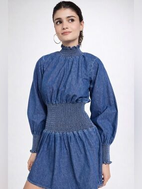 Something Navy Smocked Denim Mini in blue - small nwt